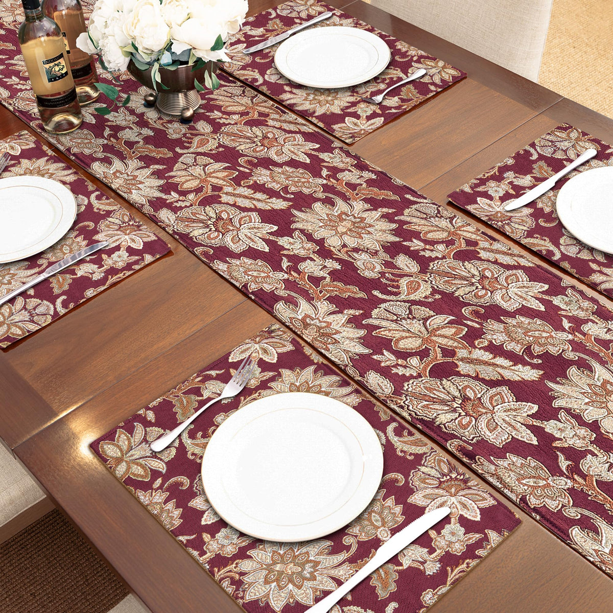 Loom and Mill Luxury Jacquard Placemats (Set of 4 - Burgundy)
