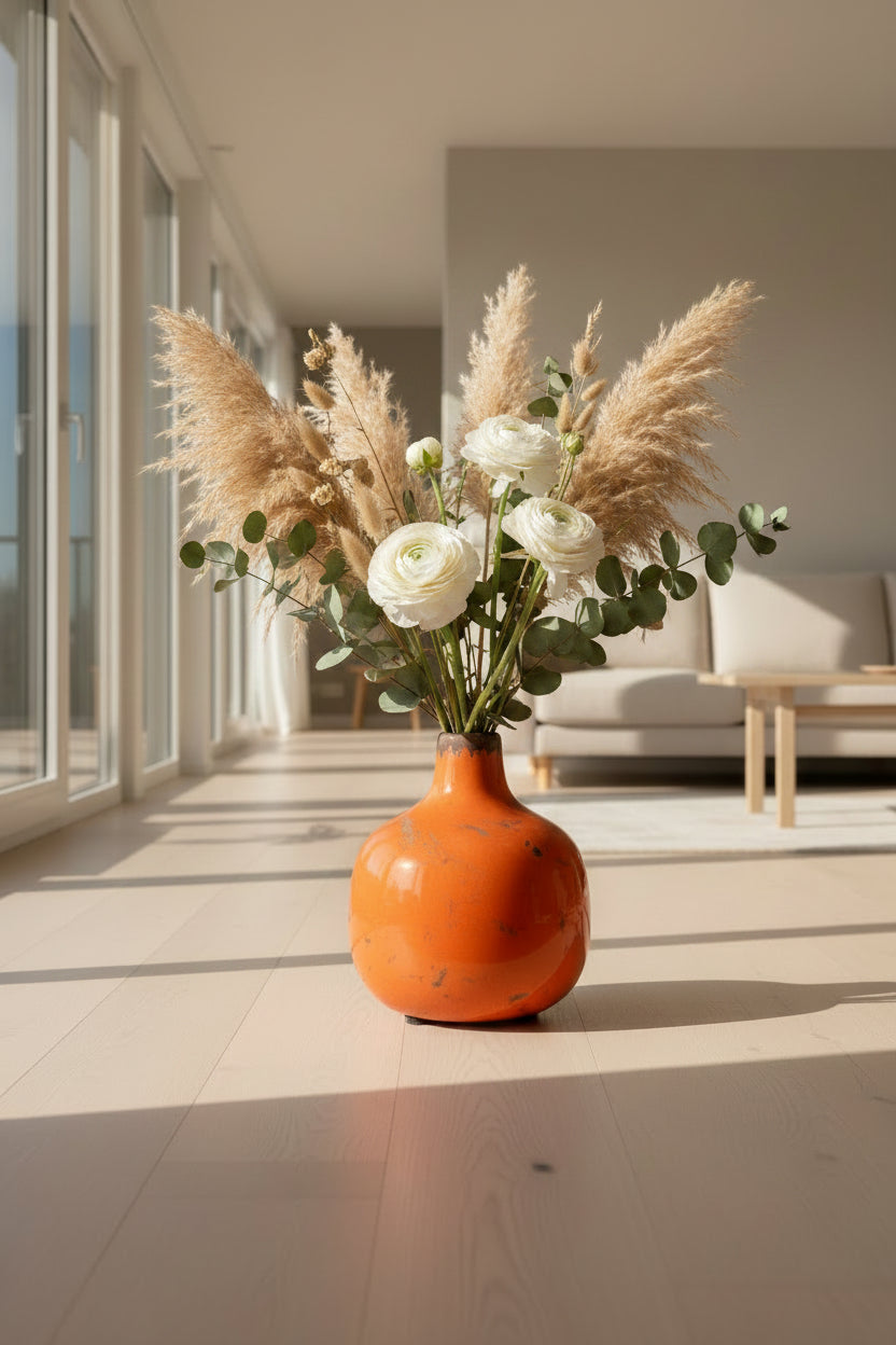 Orange ceramic vase with a textured surface in a living room