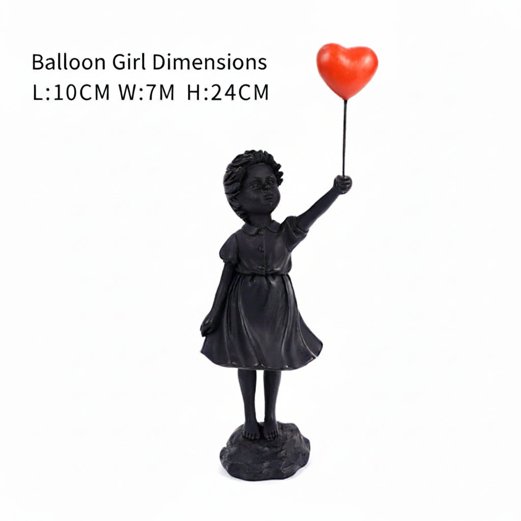 Statue of a girl holding a red heart balloon with dimensions on a white background