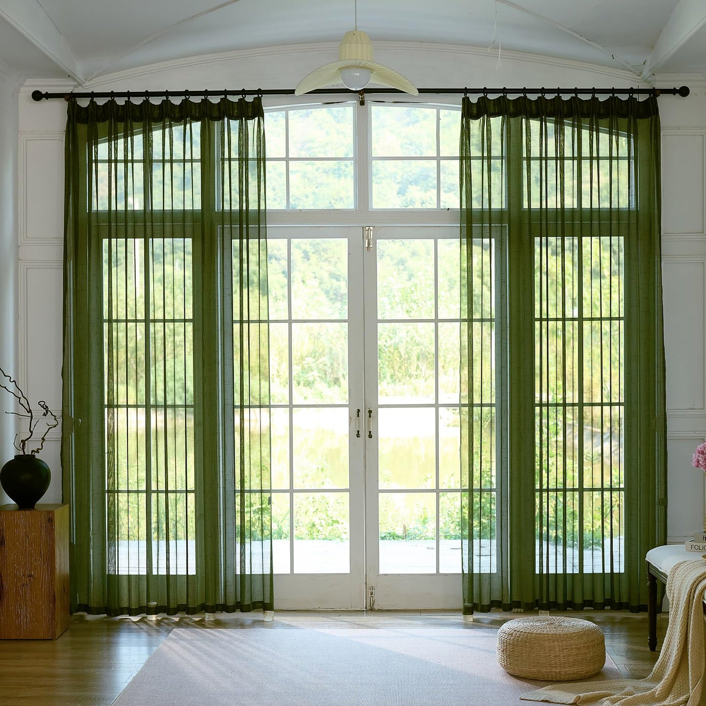 Ftinala Olive Green Curtains Linen Sheer Curtains 90 Inches Long 2 Panels Pinch Pleat Drapes Thin See Through Textured 90 Inch Curtain Custom Dark Green Modern Farmhouse Decor Window Treatments