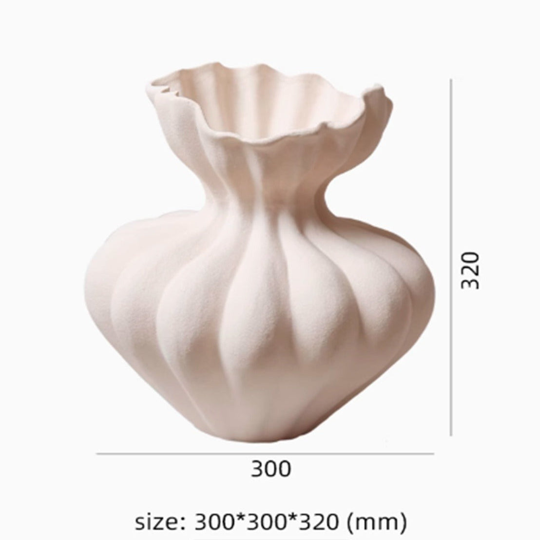 Beige ceramic vase with scalloped edges and dimensions on a white background