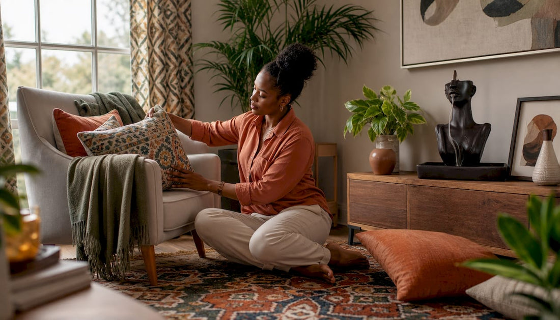 Woman arranging pillows in stylish living room