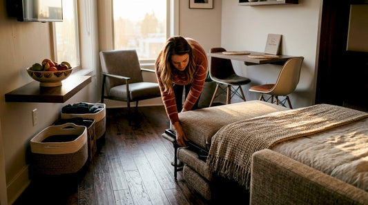 Woman arranging sofa bed in a multifunctional small studio