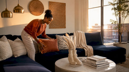 Woman styling throw pillows in a bright living room