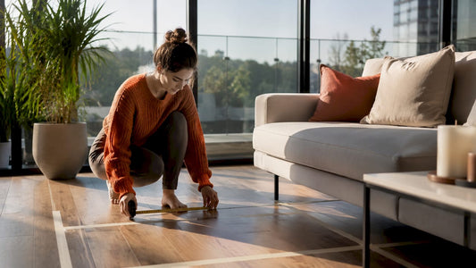 Woman measuring small living room layout