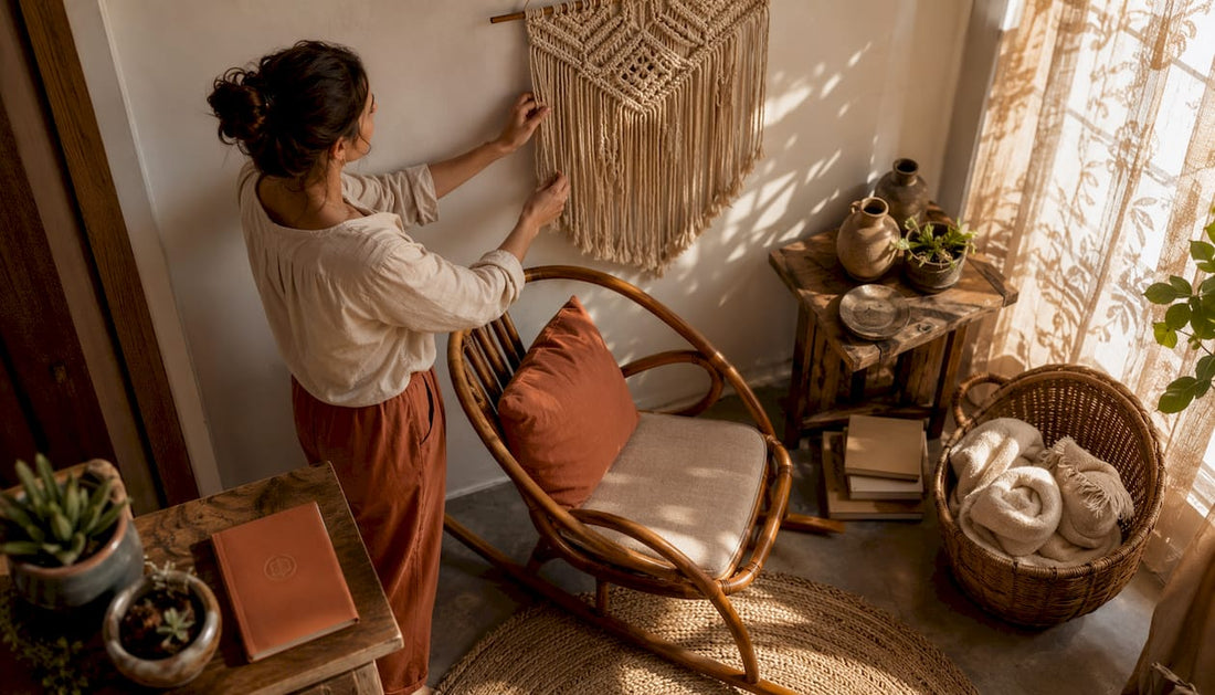 Woman arranging eco friendly home decor in living room