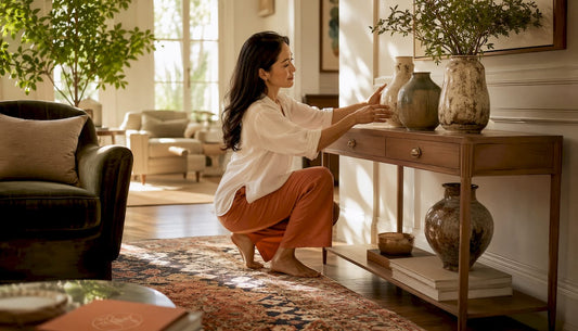 Woman arranging timeless design décor in living room
