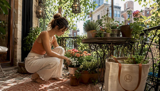 Woman arranging plants on small apartment patio