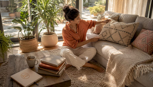 Woman arranging cushions in cozy living room