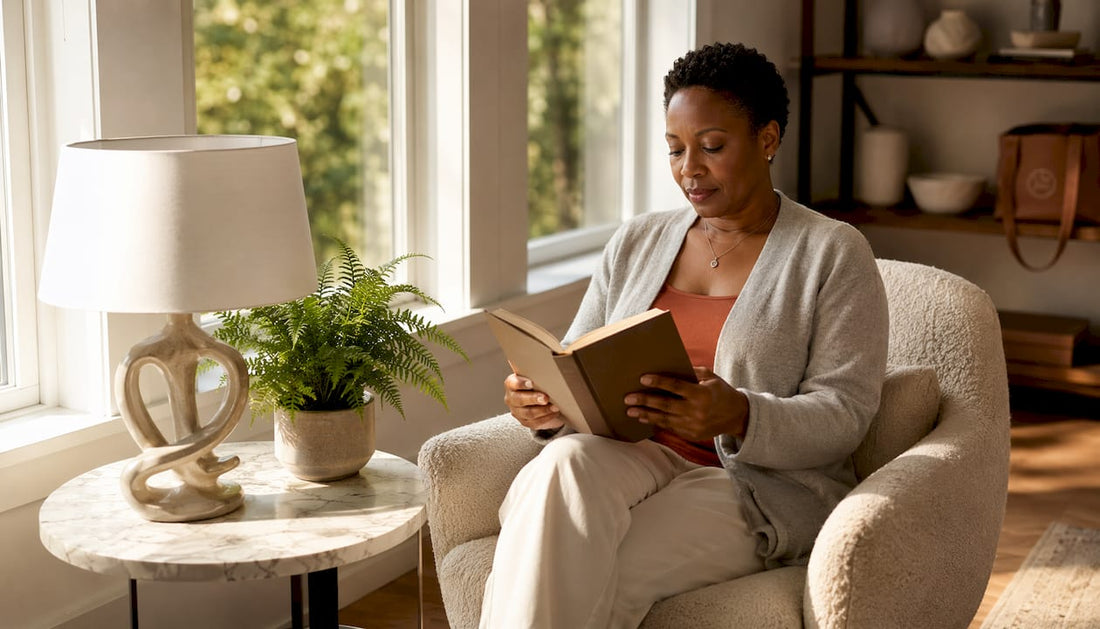 Woman reading beside alabaster table lamp