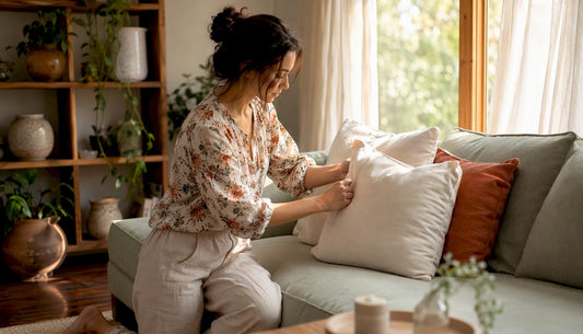 Woman arranging cushions in non toxic living room