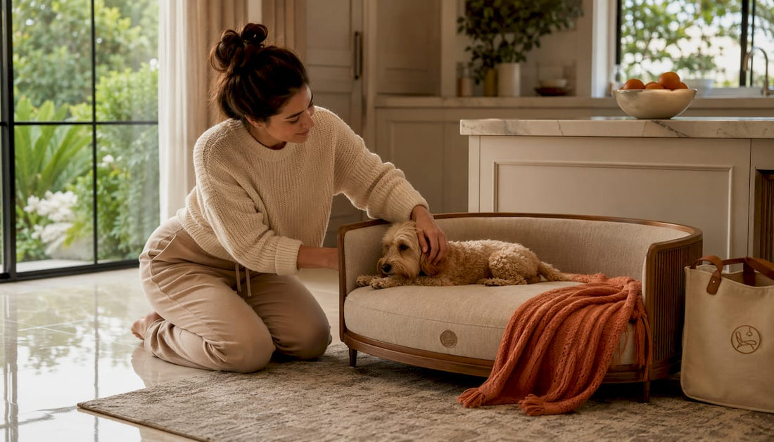 Woman interacting with luxury pet bed in stylish living room