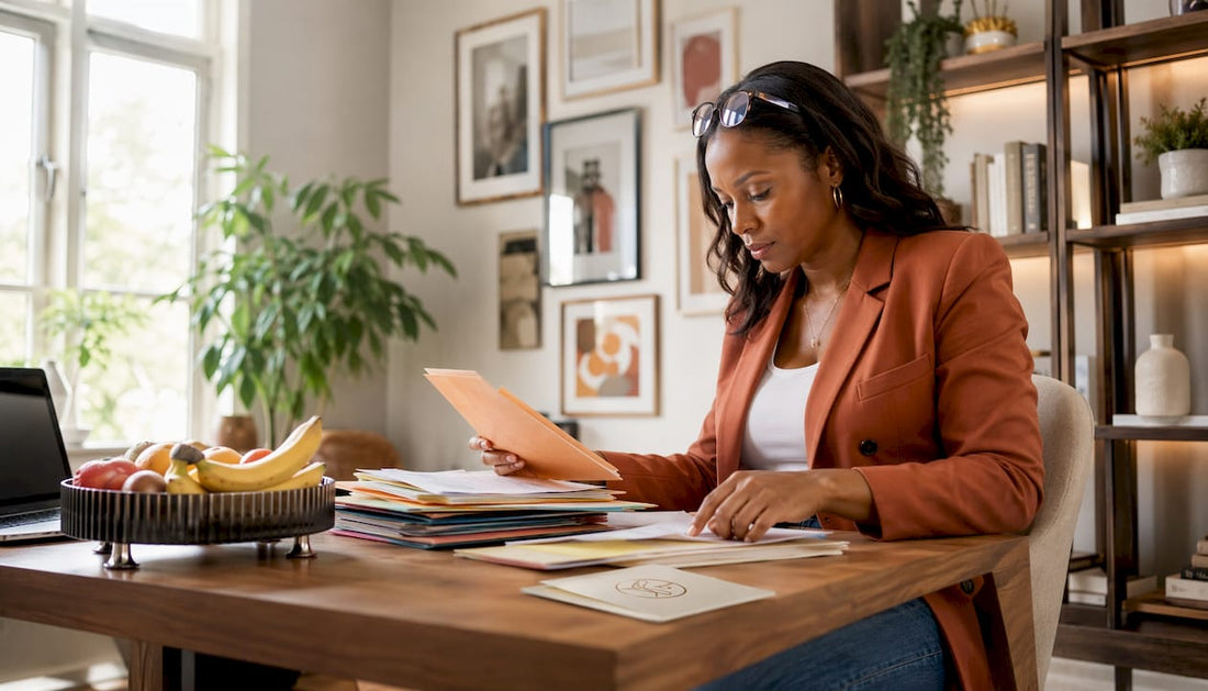 Woman organizing stylish small home office