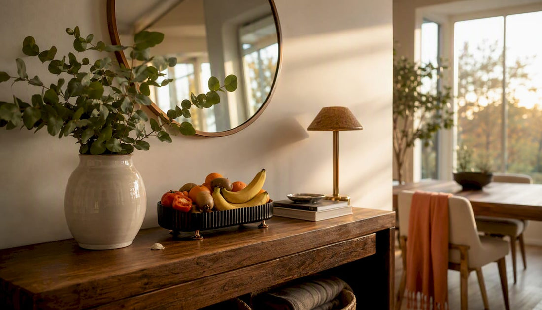 Styled console table with mirror and decorative accents