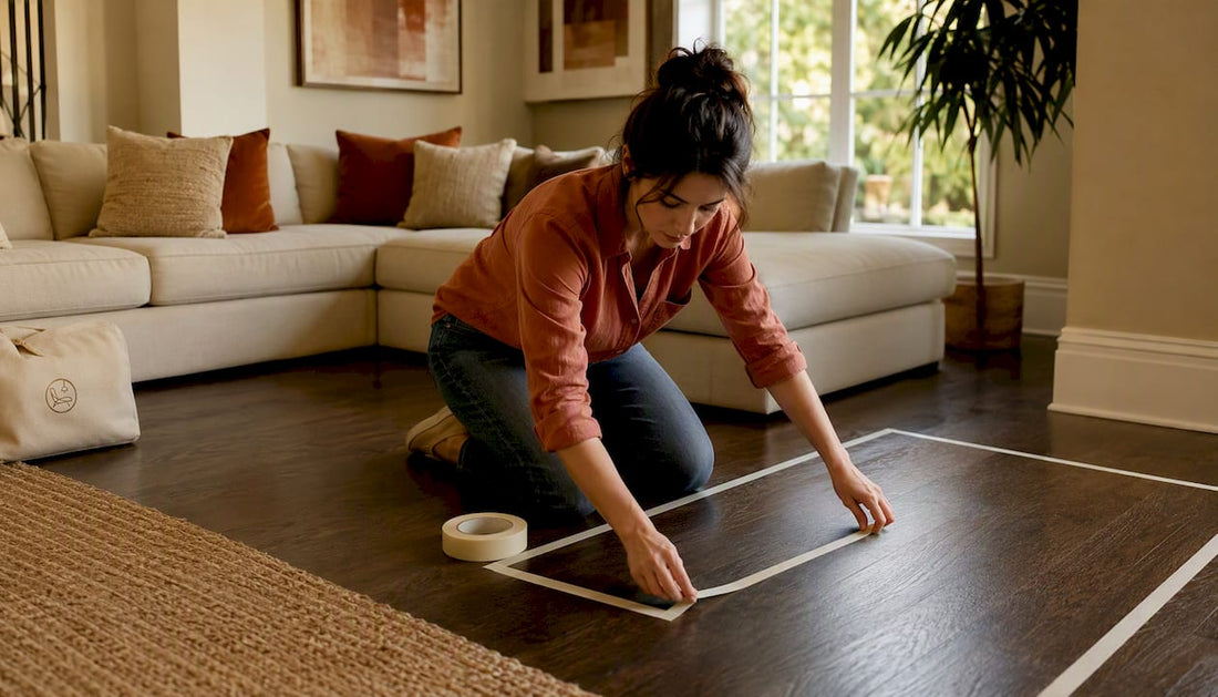 Woman measuring living room rug space on hardwood floor