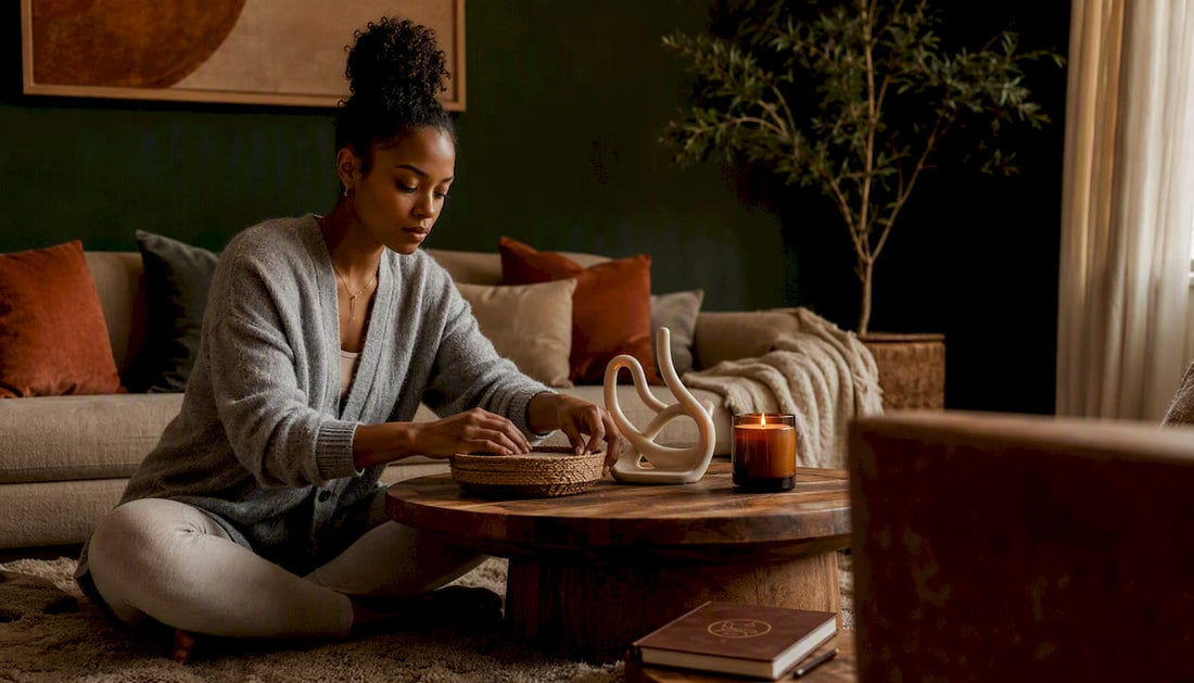 Woman styling coffee table in living room