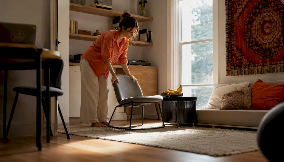 Woman arranging stylish small space furniture