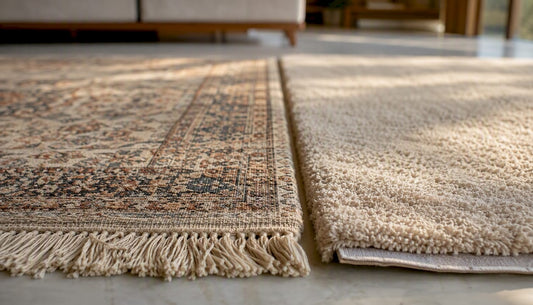 Close-up of hand knotted and tufted rug textures side by side