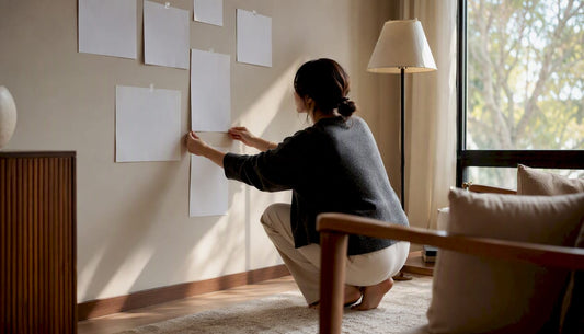 Hands adjusting gallery wall paper templates on wall