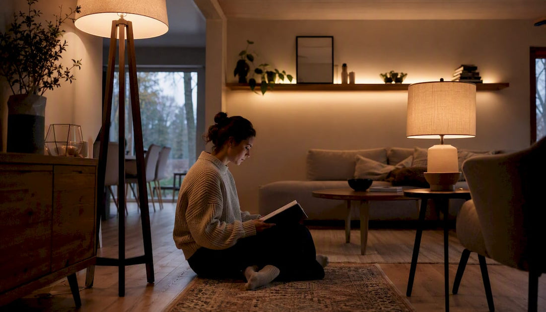 Layered lighting setup in small living room corner