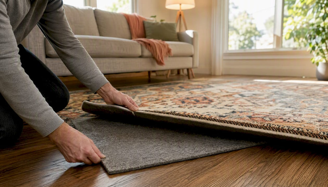Hands installing rug pad on hardwood floor