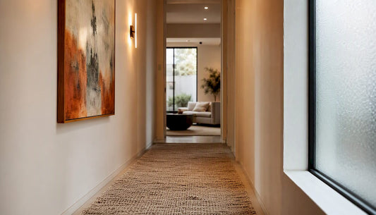 Narrow hallway with vertical art and layered lighting