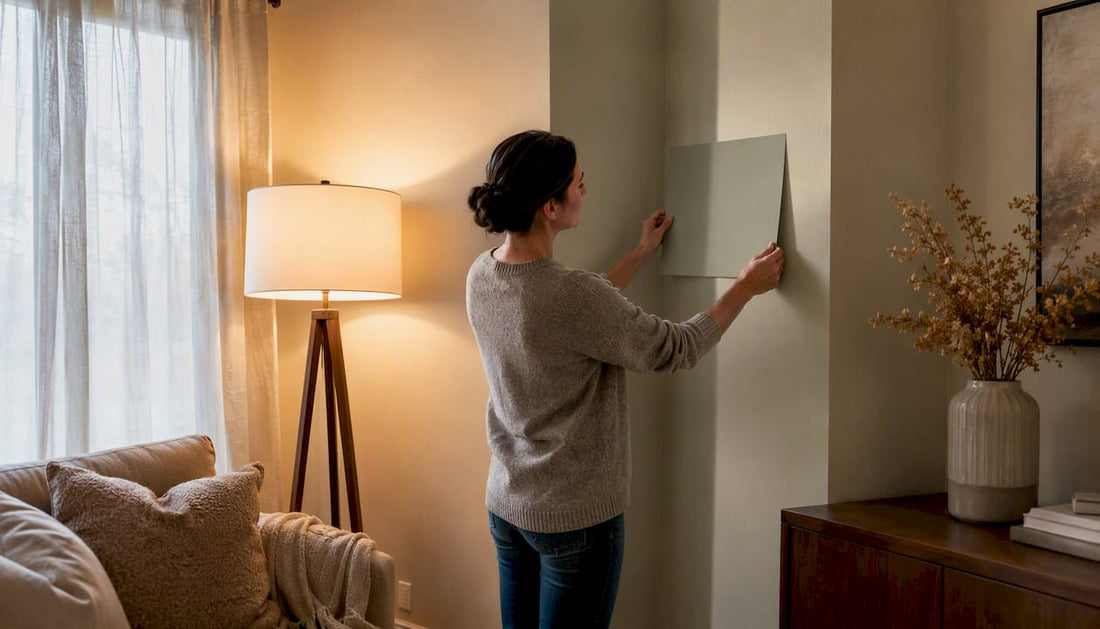 Person testing large neutral paint swatch on living room wall