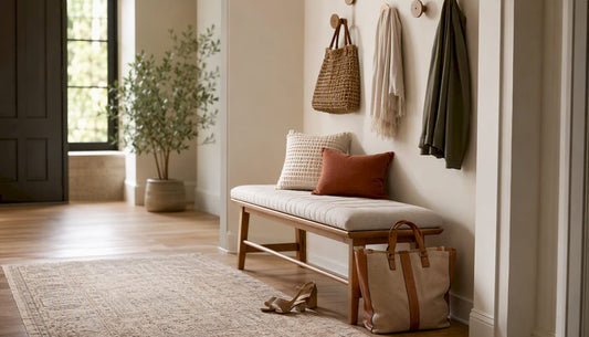 Entryway bench in modern hallway with cushion and rug