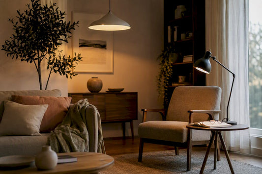 Modern home corner with layered ambient and task lighting