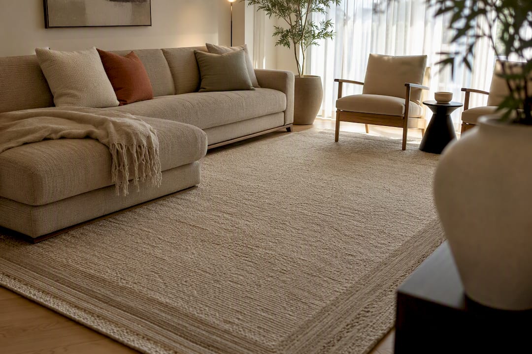 Rug fully placed under sofa in living room