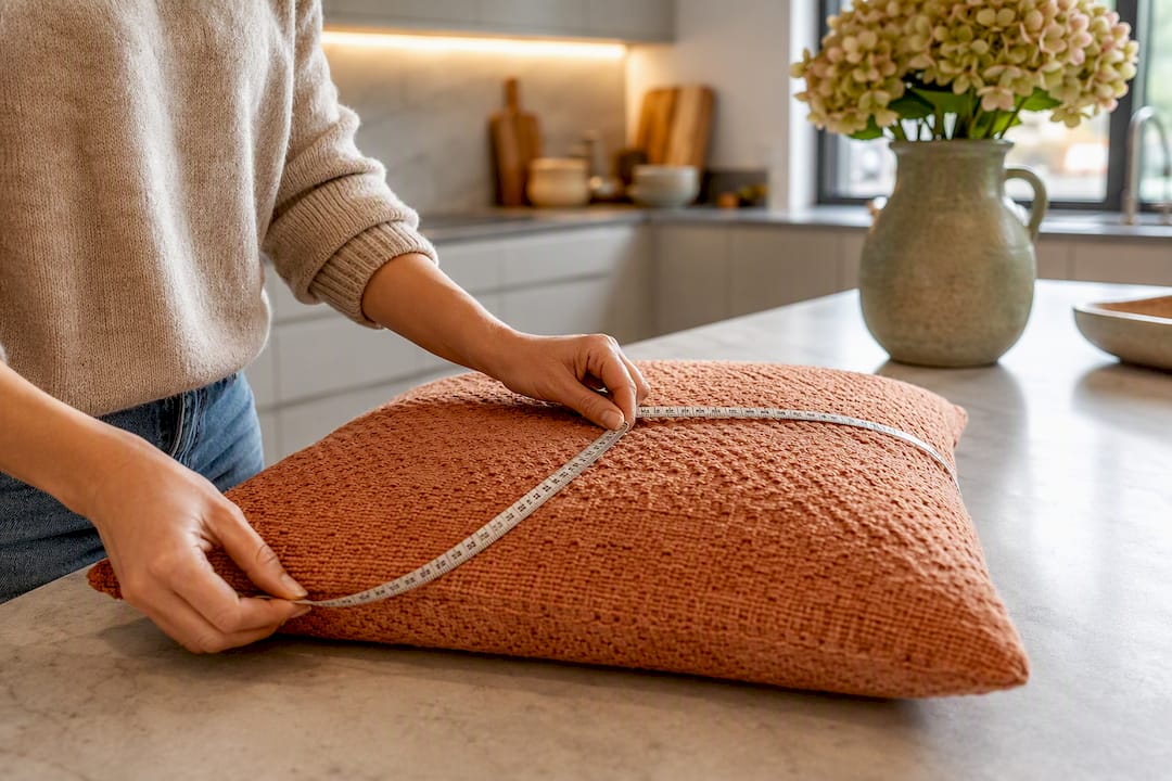 Measuring pillow cover with tape measure