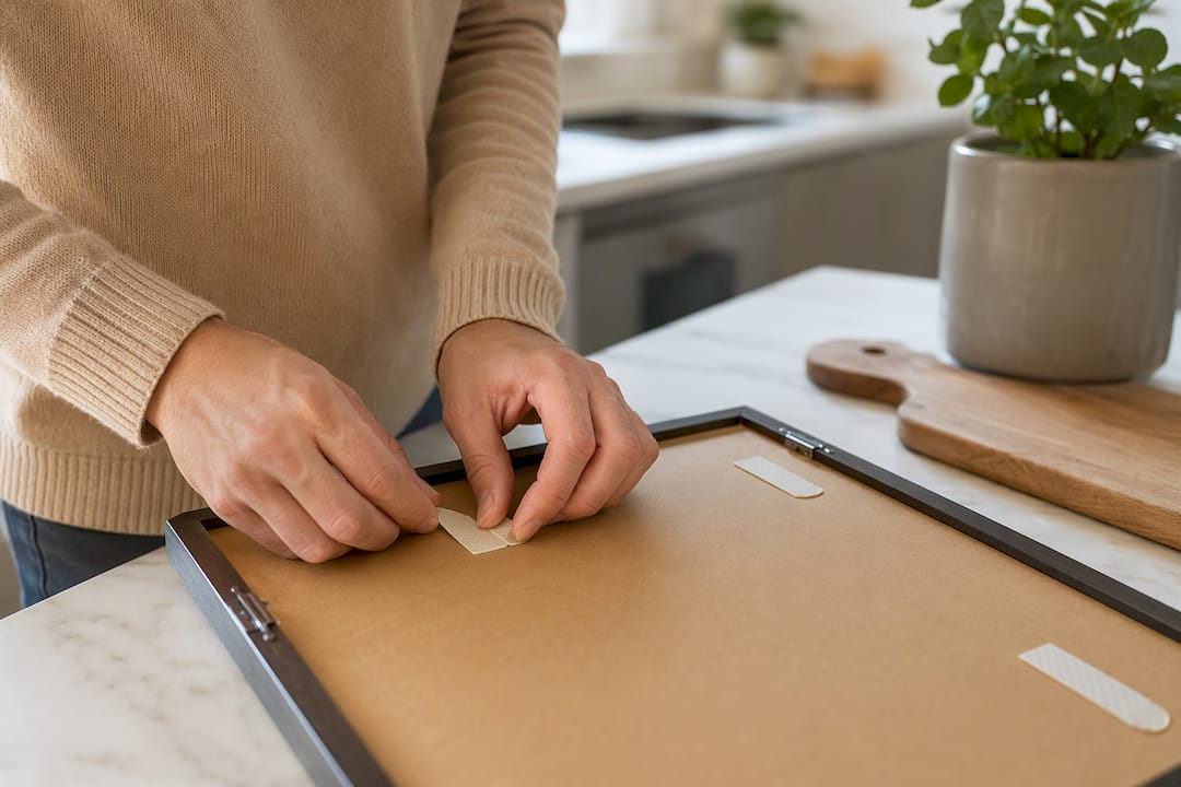Hands applying adhesive strips to framed art