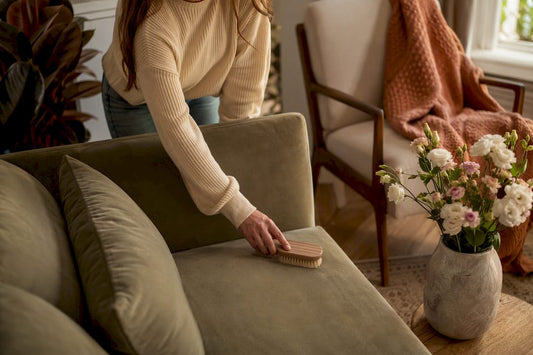Hands vacuuming velvet sofa gently