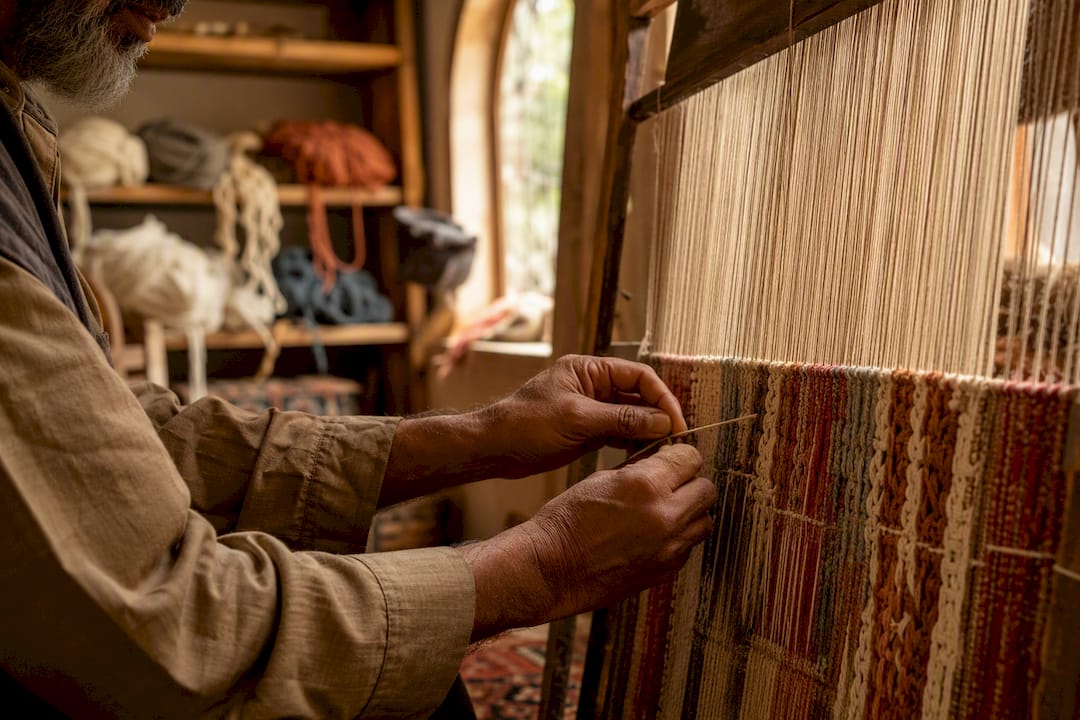 Artisan hand-knotting a wool rug on loom