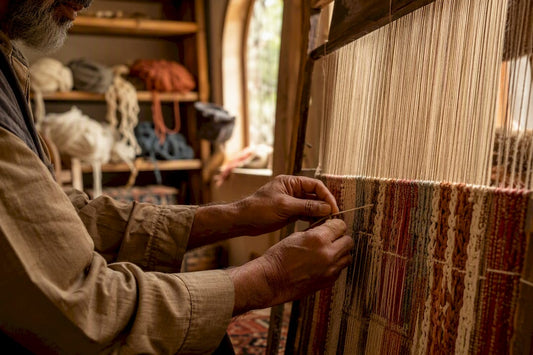Artisan hand-knotting a wool rug on loom