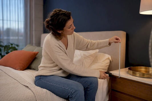 Person measuring seated eye level beside bed