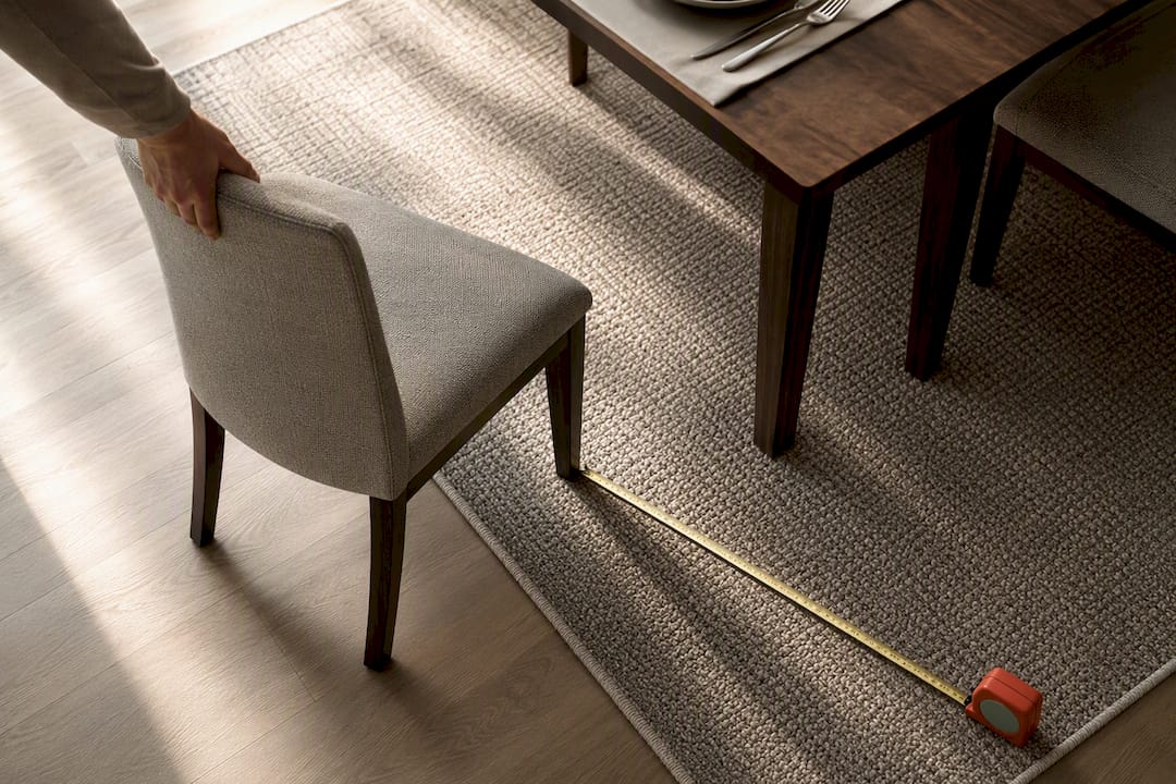 Homeowner measuring rug beneath dining chairs