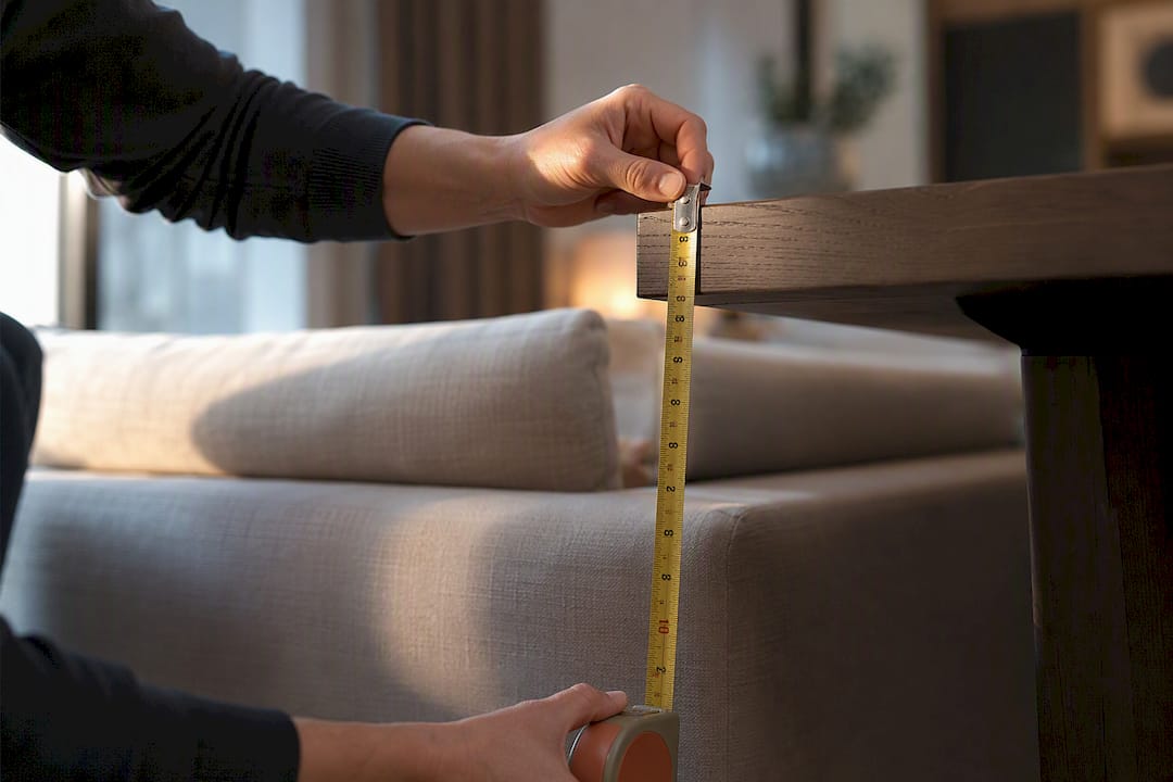 Hands measuring console table height beside sofa