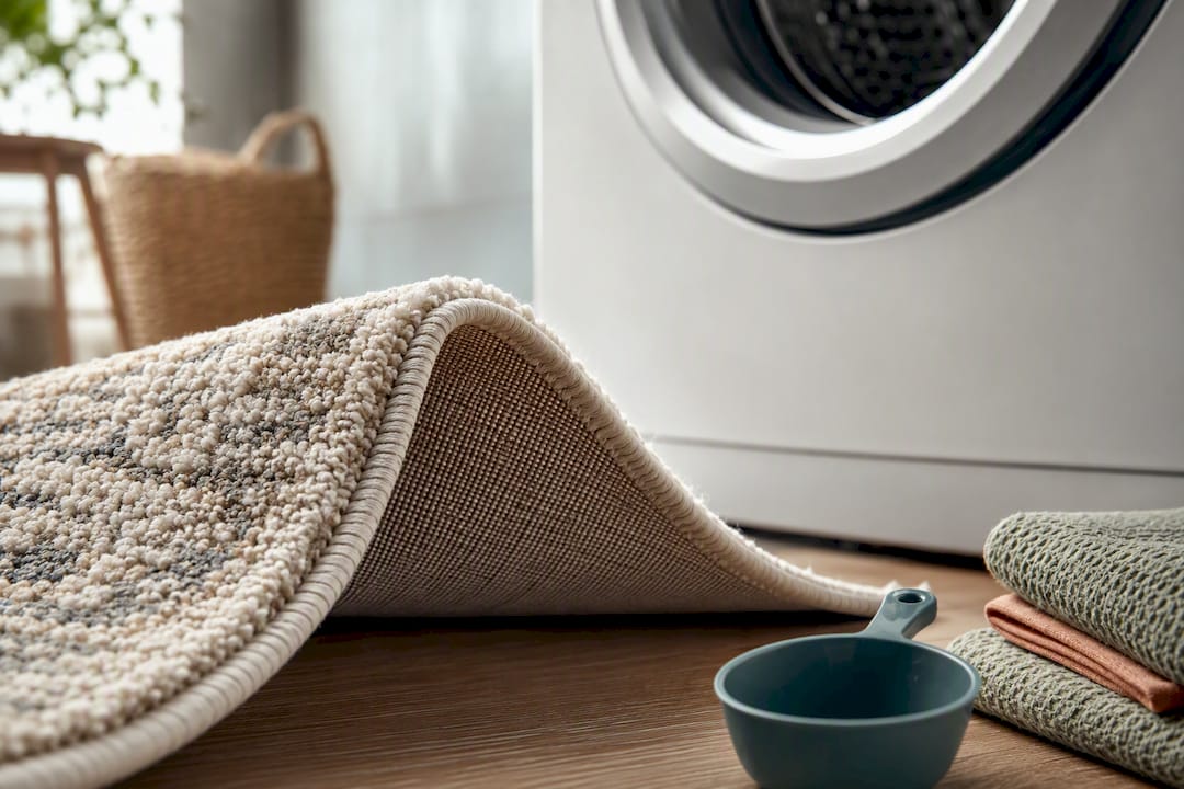 Cropped washable rug weave beside washer