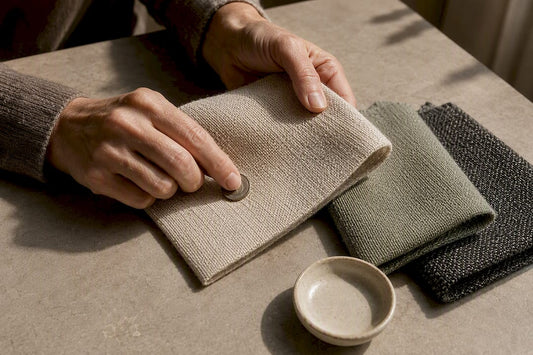 Hands testing performance fabric swatches