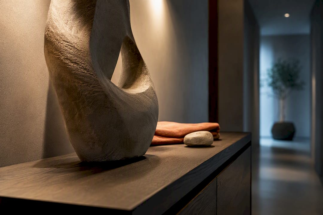 Cropped sculpture displayed in modern entryway