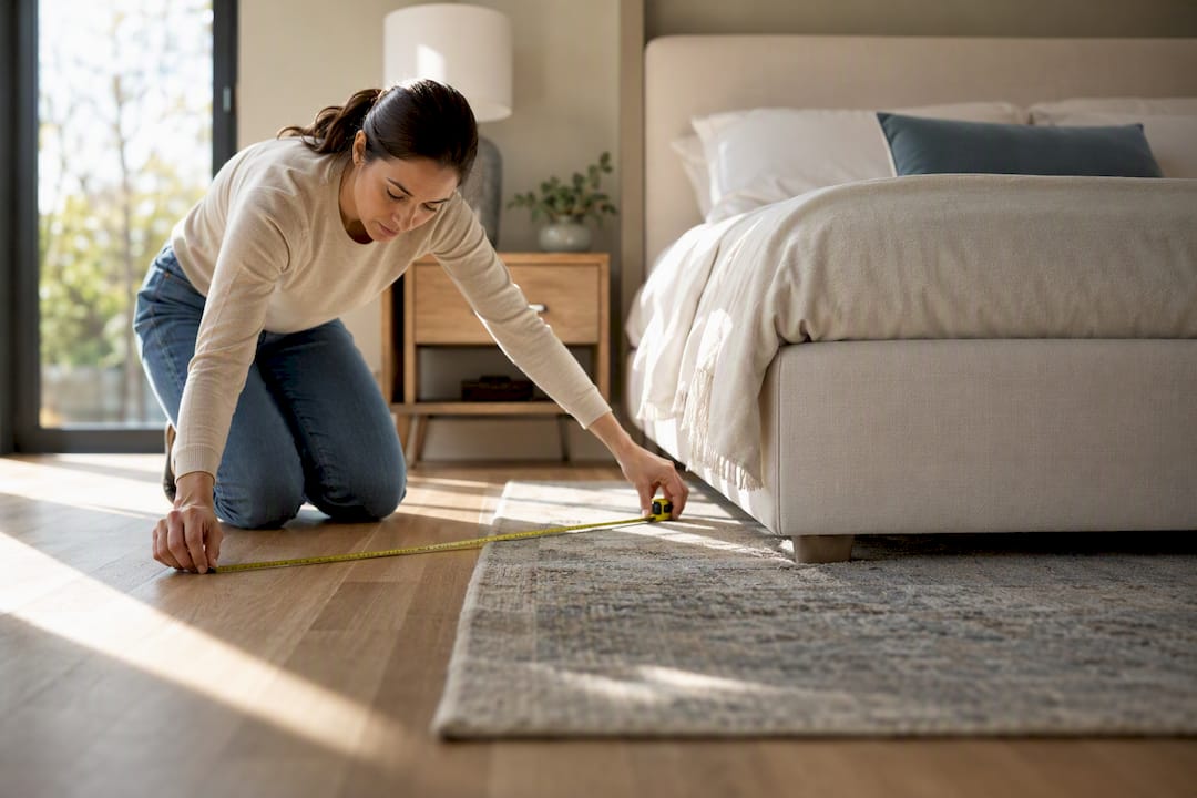 Measuring rug clearance beside a bedroom bed