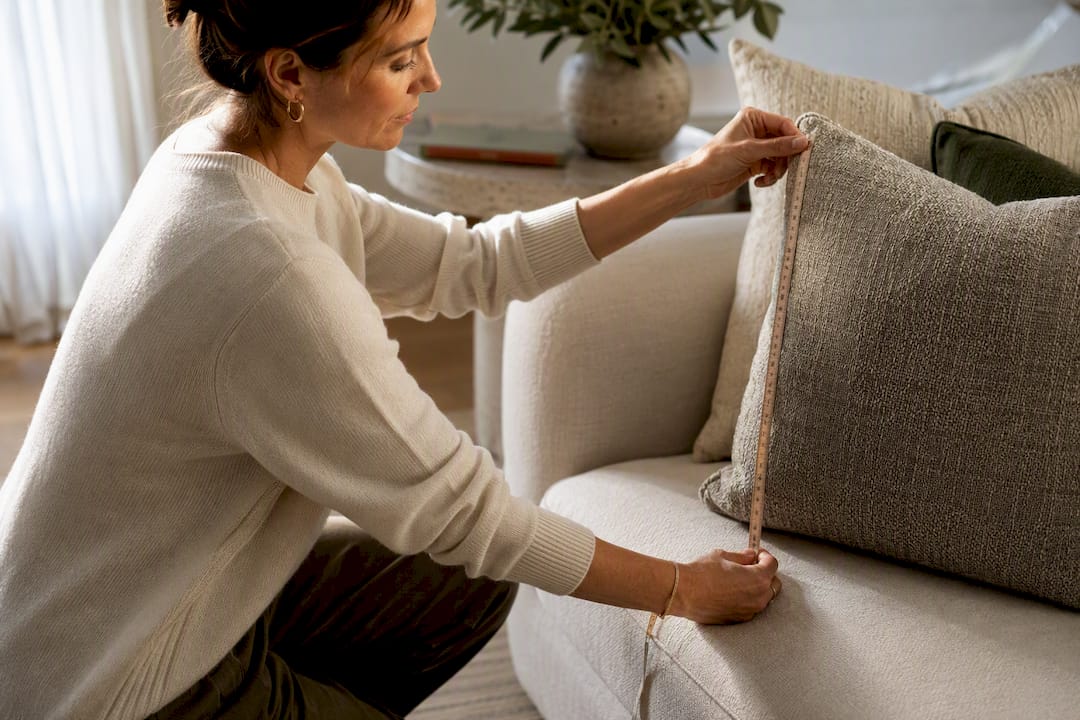 Decorator measuring throw pillow on sofa