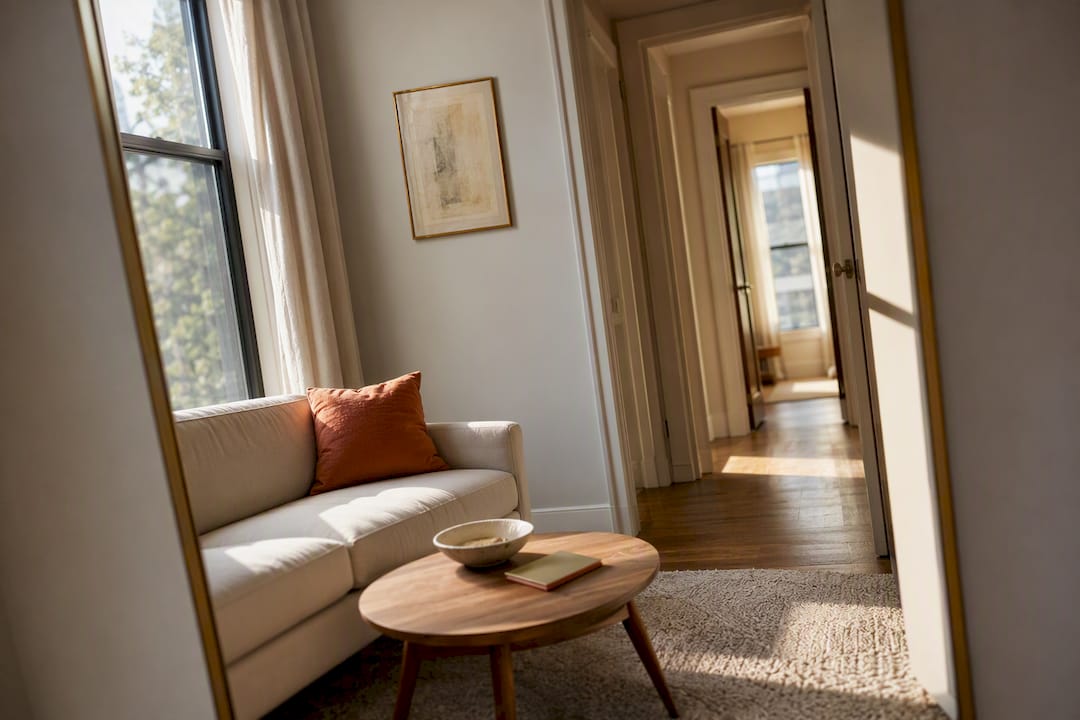 Cropped mirror reflecting light in small room