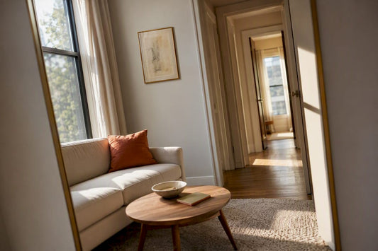 Cropped mirror reflecting light in small room