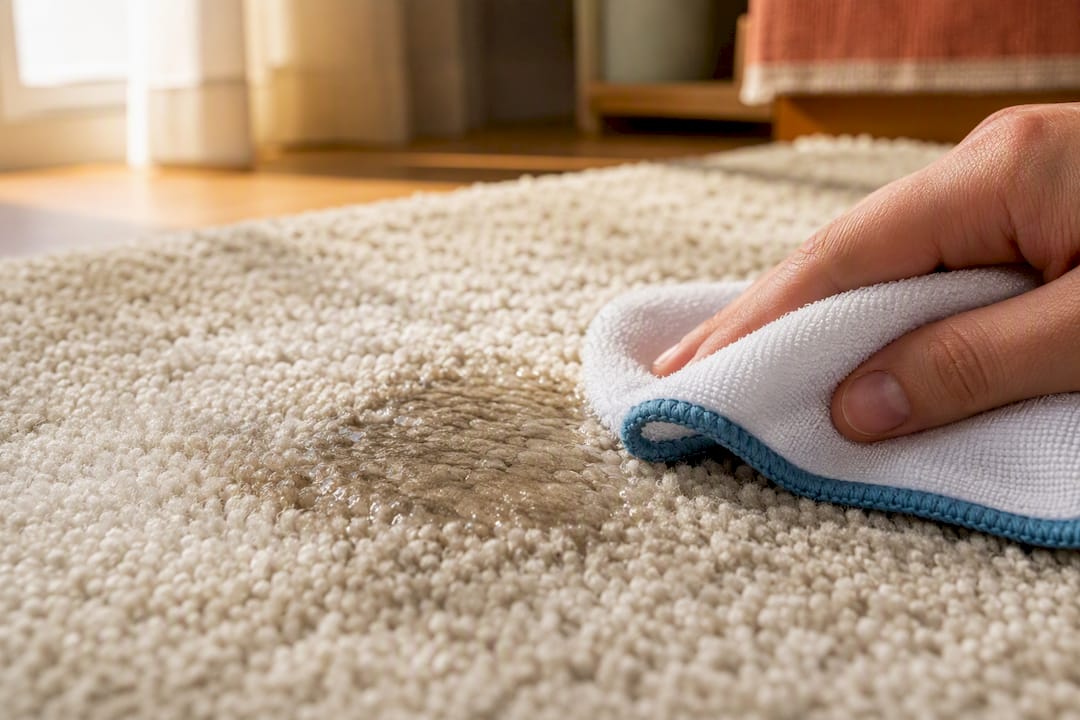 White cloth blotting a damp rug pile