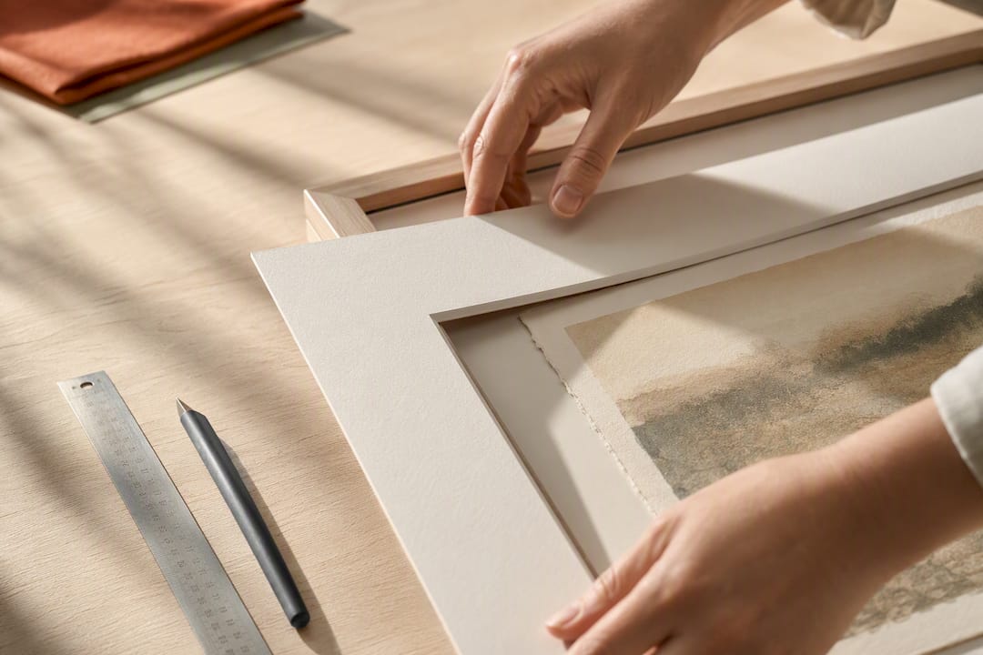Hands fitting a neutral picture frame mat