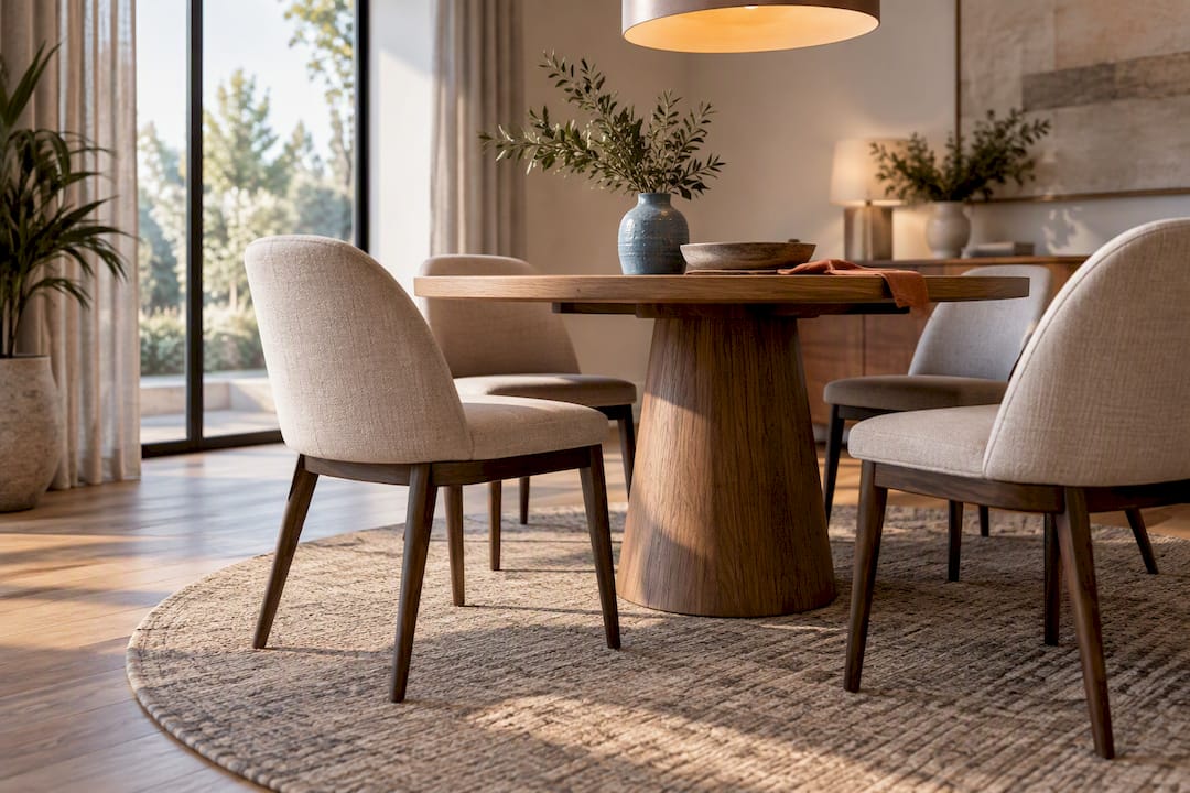Round rug positioned beneath dining table