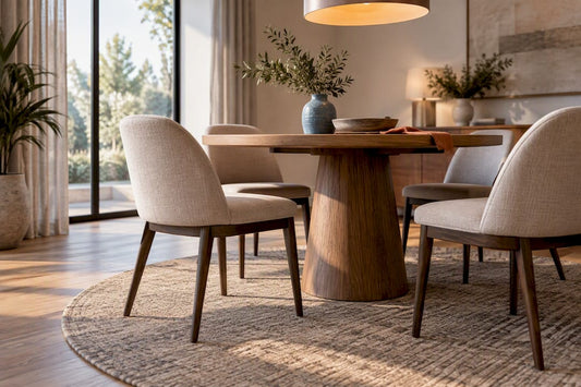 Round rug positioned beneath dining table