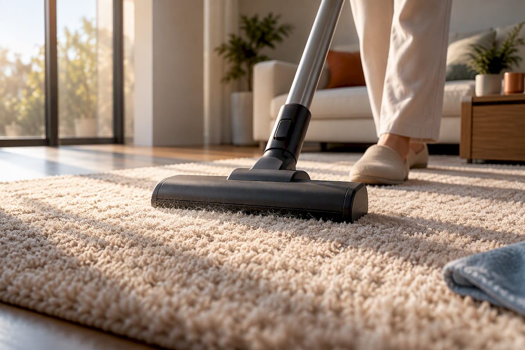 Vacuum cleaning loose fibers from rug pile